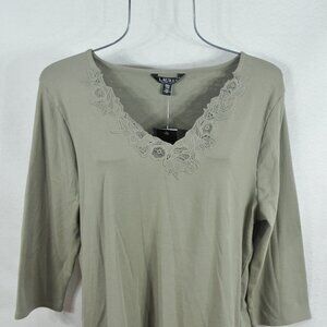 Lauren Ralph Lauren Women's Blouse 2X Green Embroidered Lace Neckline Top